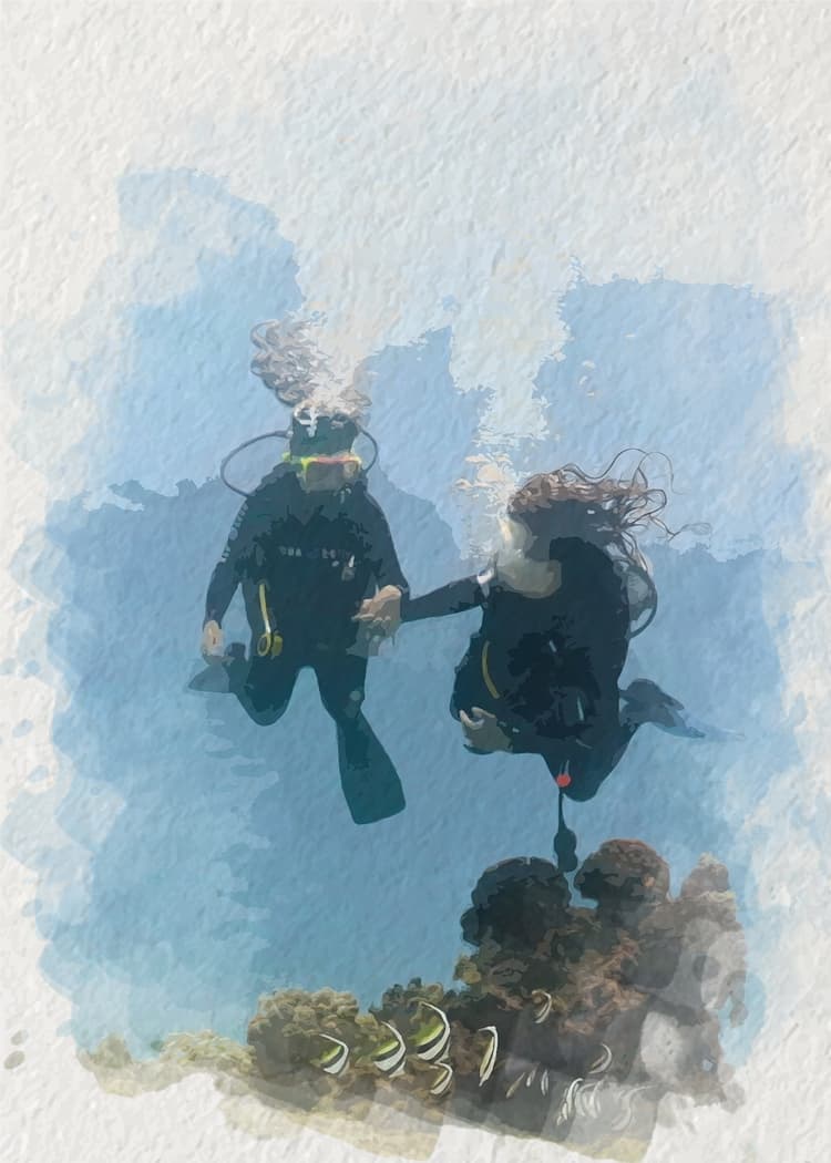 Watercolor depiction of Penelope and Sofia SCUBA Diving in Hawaii